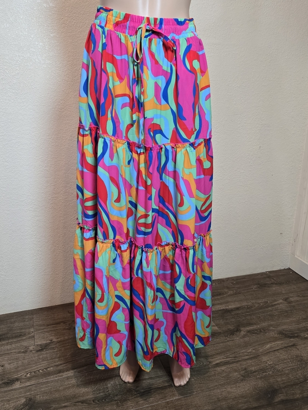Elastic Waist A Line Midi Skirt Size S/M Drawstring Abstract Colorful Eclectic - Picture 15 of 15